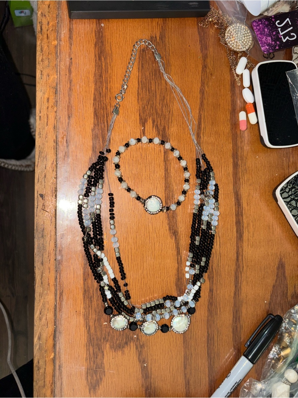Multi-Strand Black and White Beaded Necklace & Bracelet Set n 11 Inch b 7